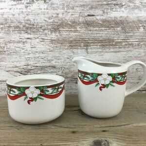 Pfaltzgraff Yuletide Stoneware Creamer & Sugar Bowl Set Holly & Ribbon Design